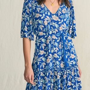 Faherty Orinda Mini Dress Floral Print Blue Crepe S  Boho Cottagecore Ruffle Hem